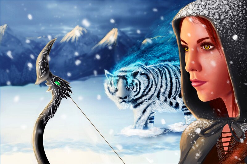 Woman with White Tiger — Blue, Dramatic, Winter