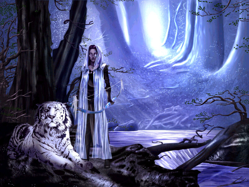 Woman with White Tiger — Blue, Serene
