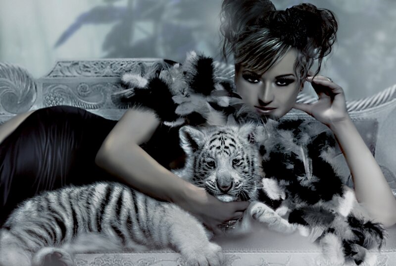 Woman with White Tiger Cub — Black, Dramatic