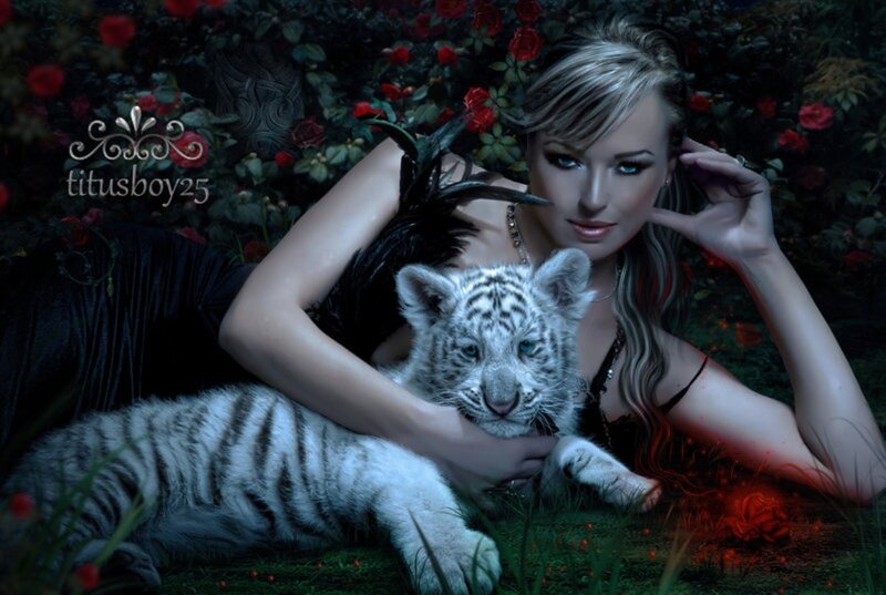 Woman with White Tiger Cub — Black