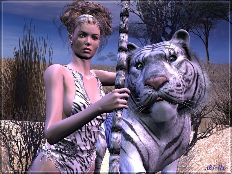 Woman with White Tiger — Dramatic, Afternoon, 3d Render