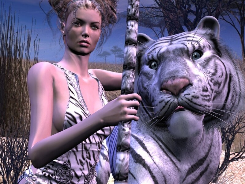 Woman with White Tiger — Dramatic, Afternoon