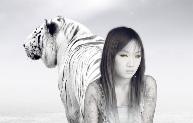 Woman with White Tiger — Dramatic, Digital Art