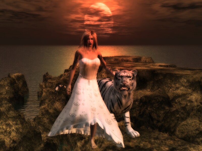 Woman with White Tiger — Dramatic, Sunset