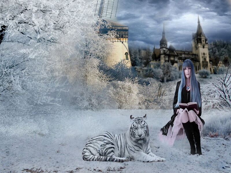 Woman with White Tiger — Dramatic, Winter, Digital Art, Castle, Windmill