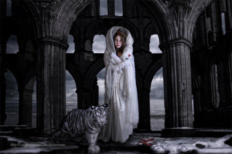 Woman with White Tiger — Dramatic, Winter, Digital Art, Ruins