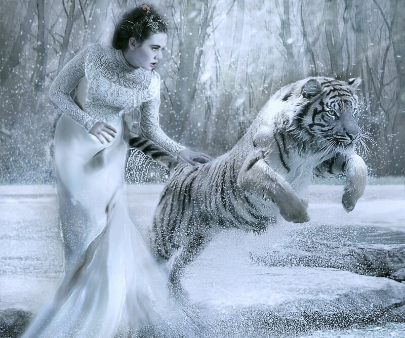 Woman with White Tiger — Dramatic, Winter, Digital Art, Snow, Forest