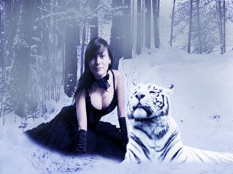 Woman with White Tiger — Dramatic, Winter, Digital Art, Snow