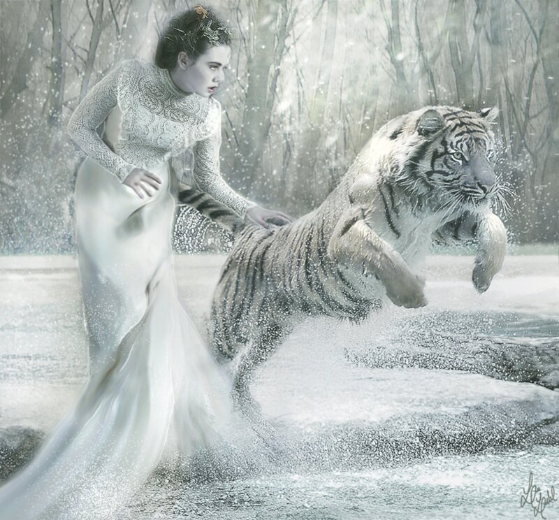Woman with White Tiger — Dramatic, Winter