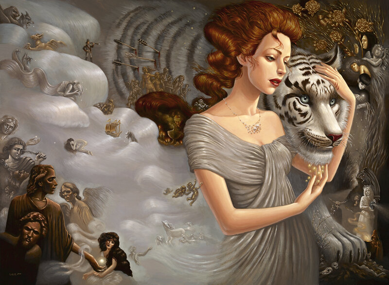 Woman with White Tiger — Gray