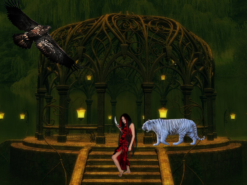 Woman with White Tiger — Green, Dramatic