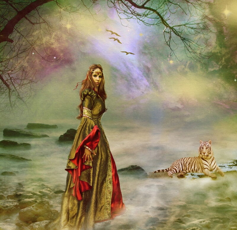 Woman with White Tiger — Green
