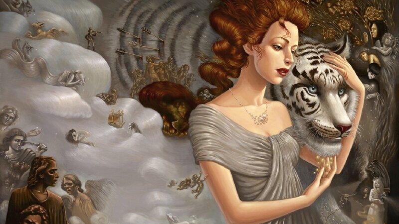 woman with white tiger in clouds