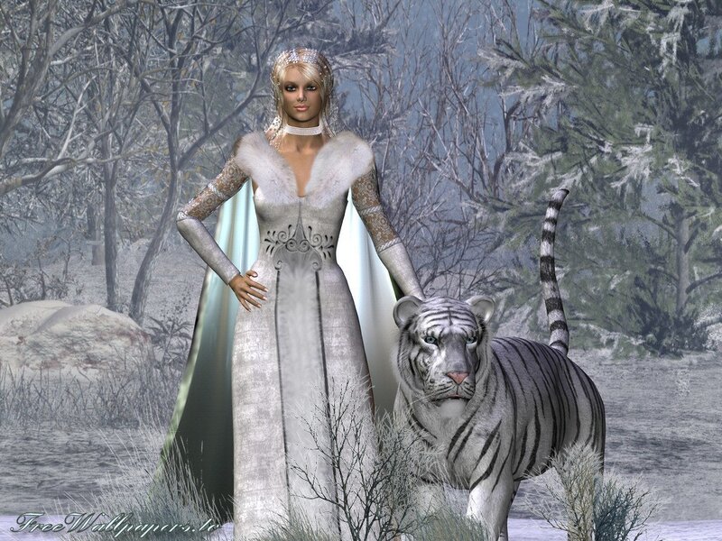 woman with white tiger in winter