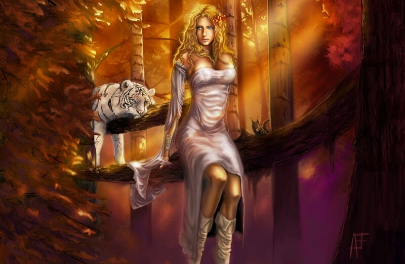 Woman with White Tiger — Orange, Dramatic