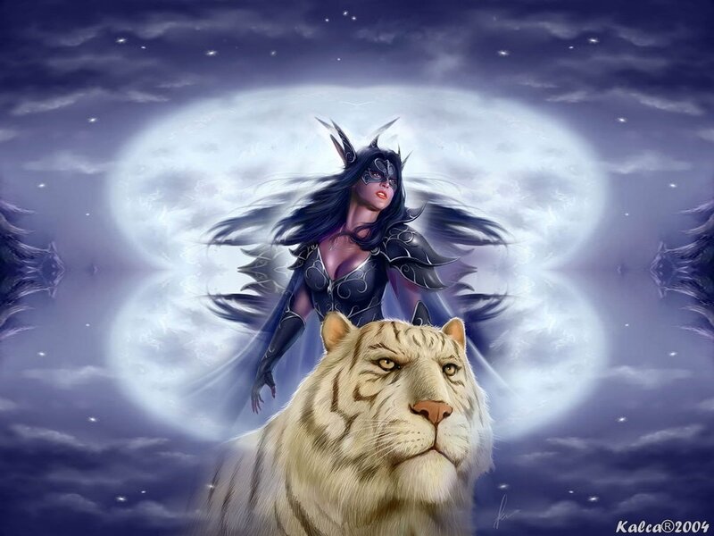 Woman with White Tiger — Purple, Dramatic, Night