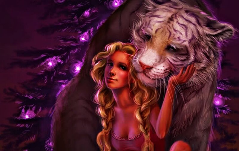 Woman with White Tiger — Purple, Serene