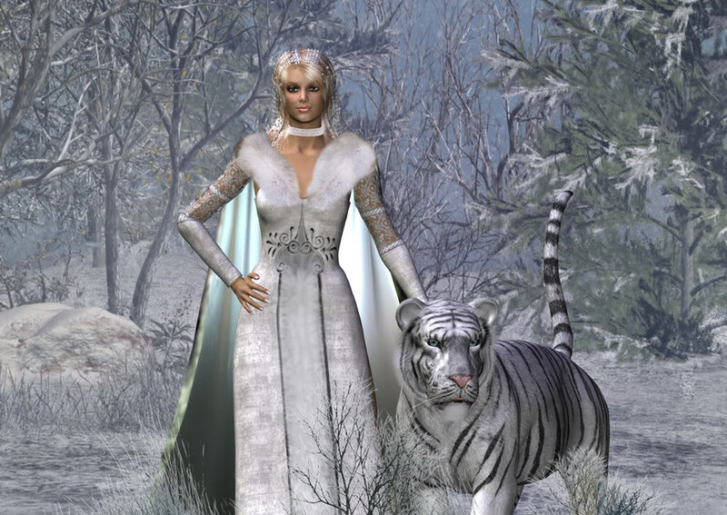 Woman with White Tiger — Serene, Winter, 3d Render