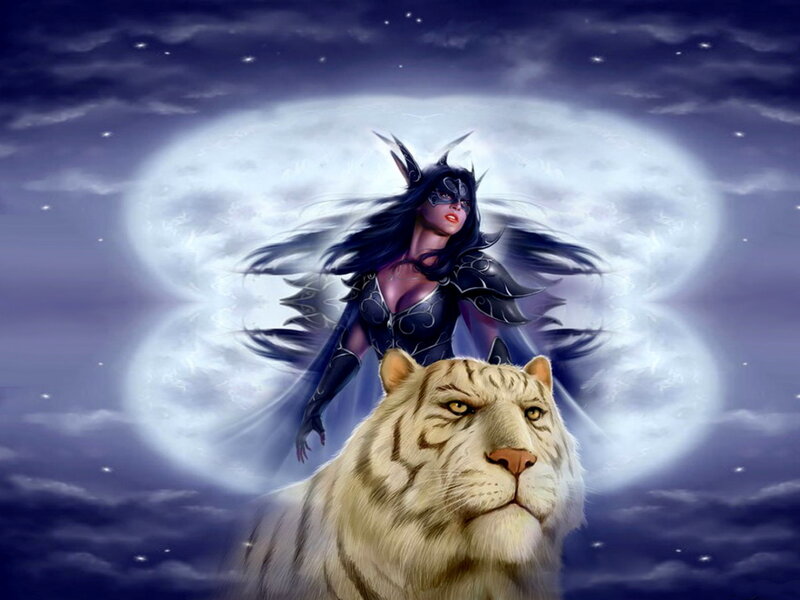 Woman with white tiger under moon