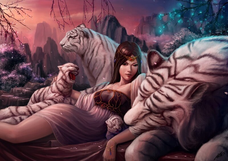 Woman with white tigers