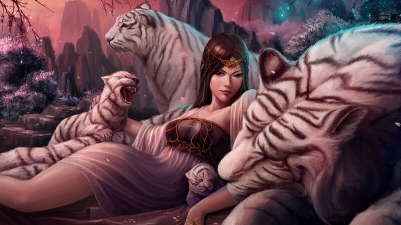Woman with white tigers