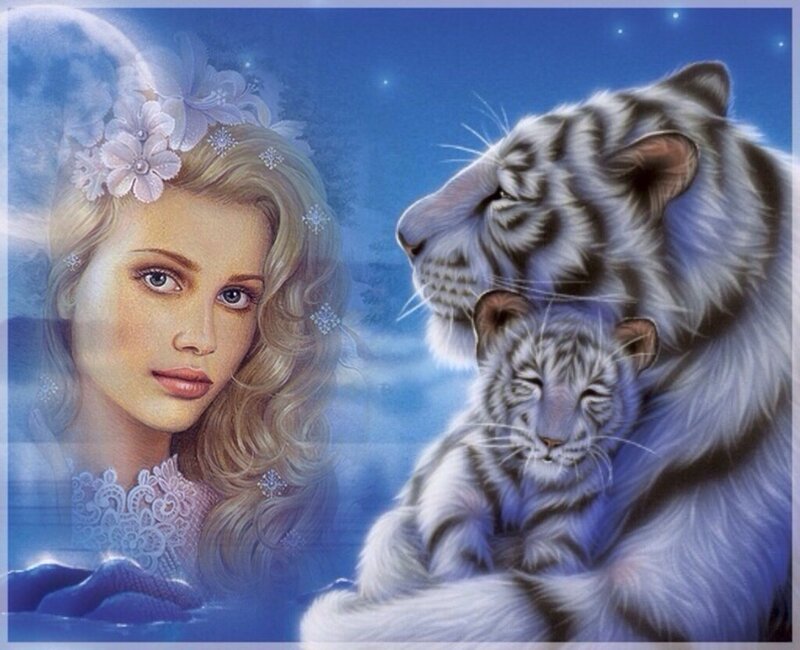 Woman with White Tigers — Blue, Serene