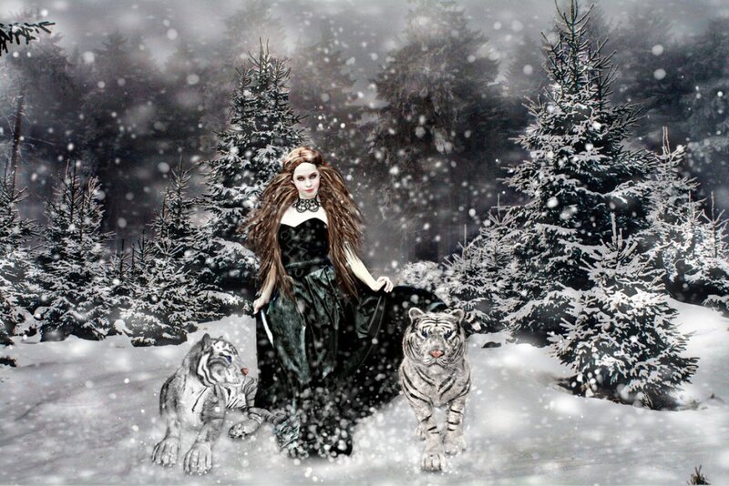 Woman with White Tigers — Dramatic, Winter