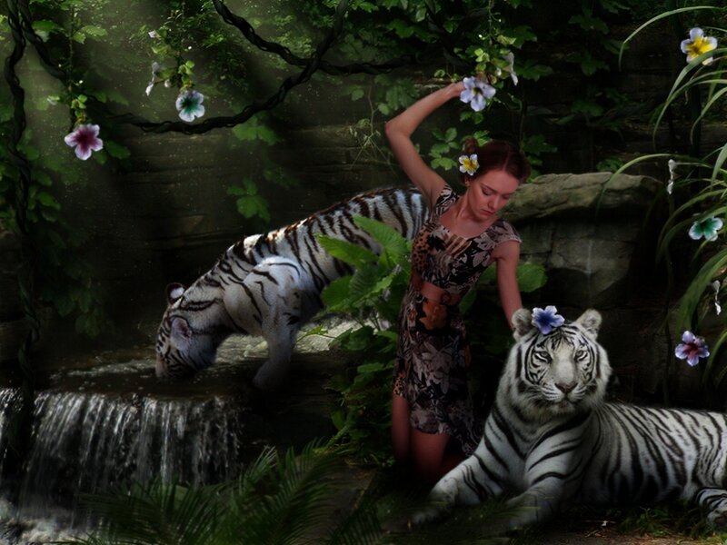 Woman with White Tigers — Green, Serene