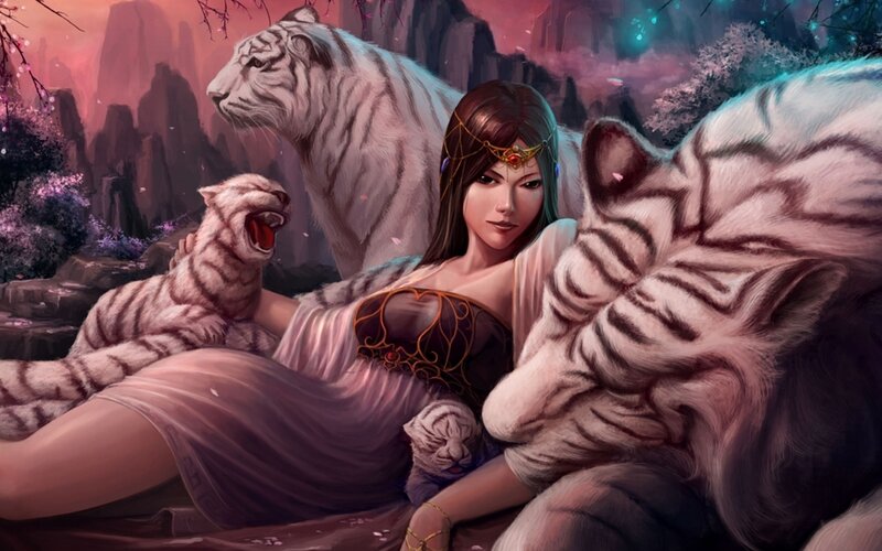 Woman with White Tigers — Pink, Serene