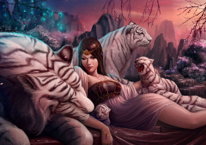Woman with White Tigers — Purple