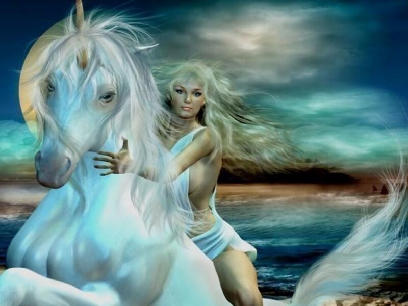 Woman with White Unicorn — Dramatic