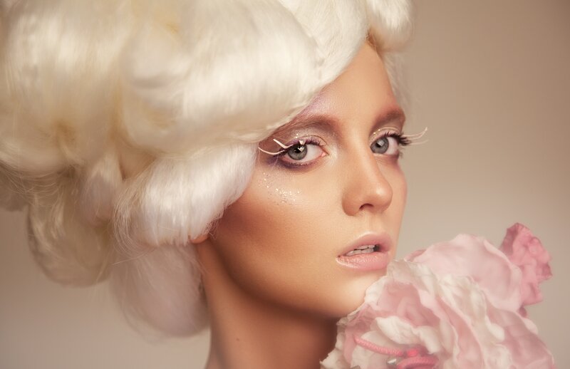 Woman with White Wig — Dramatic, Photograph, Makeup, Flower
