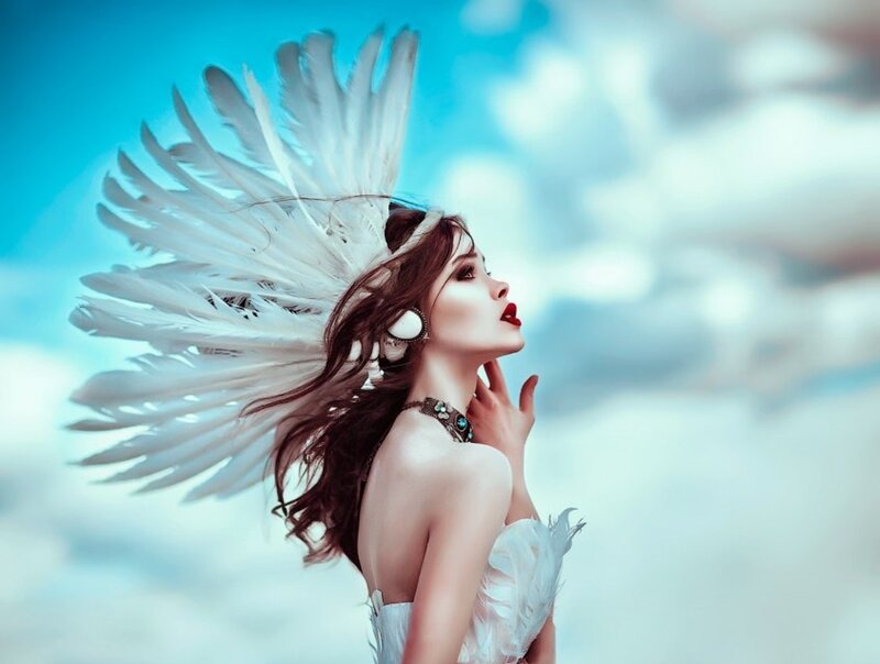 Woman with White Wings — Blue, Dramatic, Photograph