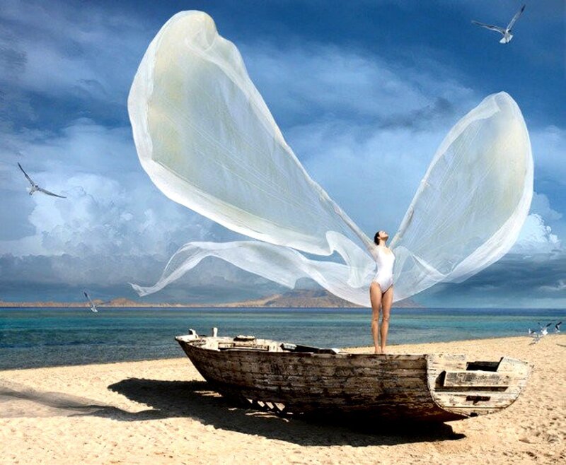 Woman with White Wings — Blue