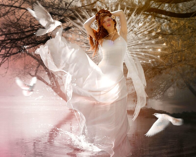 Woman with White Wings — Serene, Sunset
