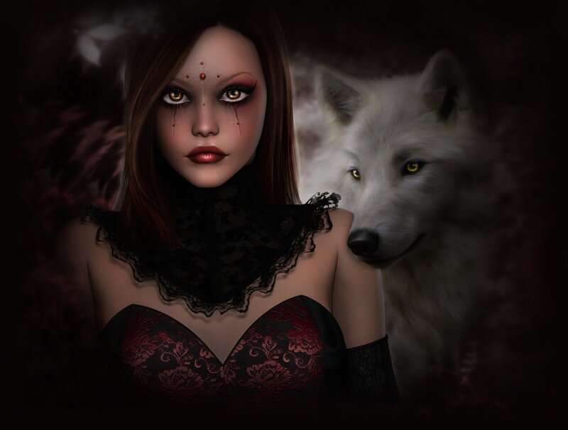 Woman with White Wolf — Black, Dramatic, Night
