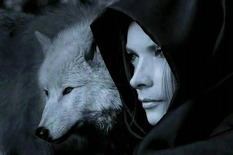 Woman with White Wolf — Black, Dramatic, Photograph