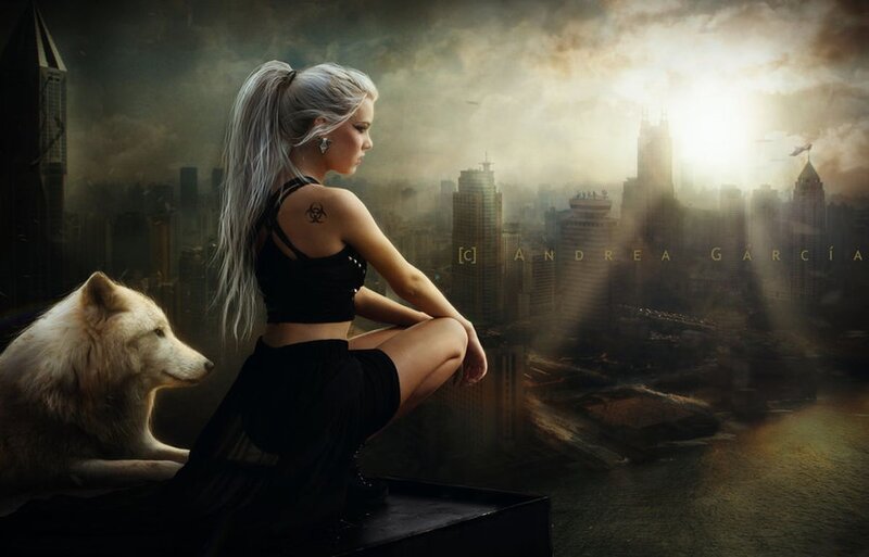 Woman with White Wolf — Black, Dramatic, Sunset