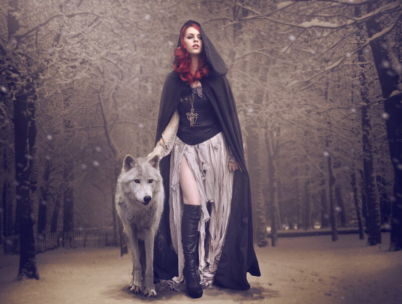 Woman with White Wolf — Black, Dramatic