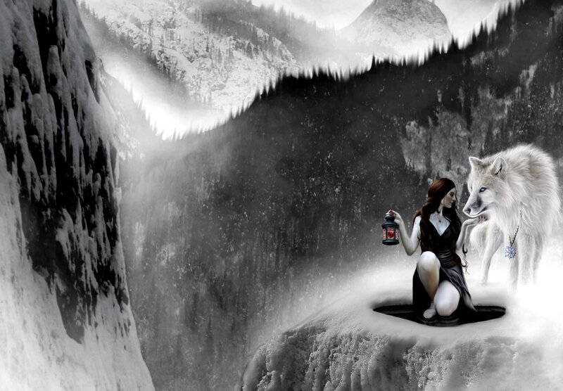 Woman with White Wolf — Black, Dramatic, Winter