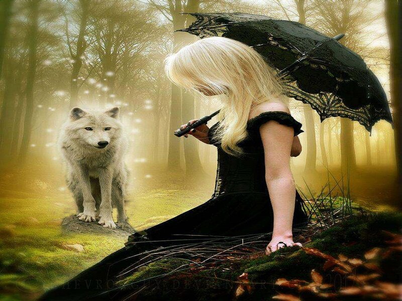 Woman with White Wolf — Black, Mystical, Autumn