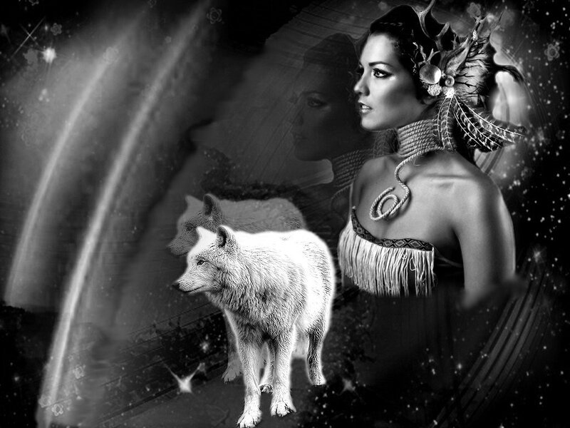 Woman with White Wolf — Black, Mystical