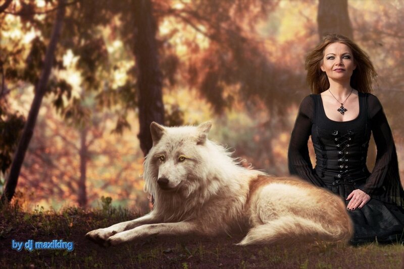 Woman with White Wolf — Black, Serene