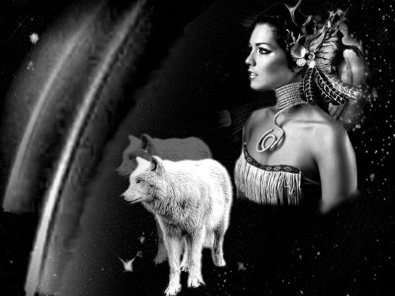 Woman with White Wolf — Black