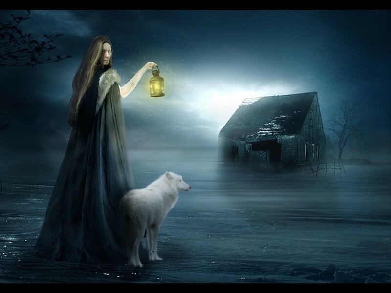 Woman with White Wolf — Blue, Dark