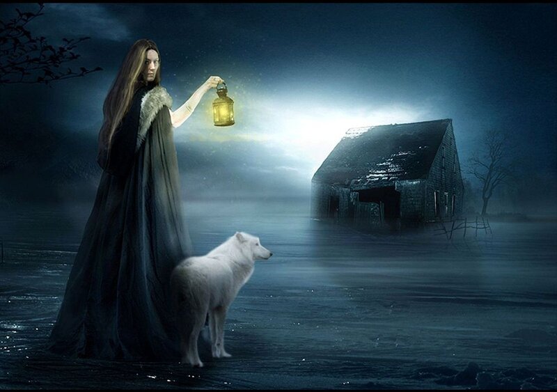 Woman with White Wolf — Blue, Dramatic, Night, Digital Art