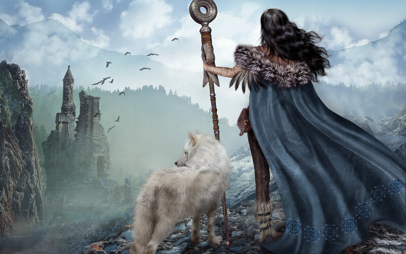 Woman with White Wolf — Blue, Dramatic, Winter