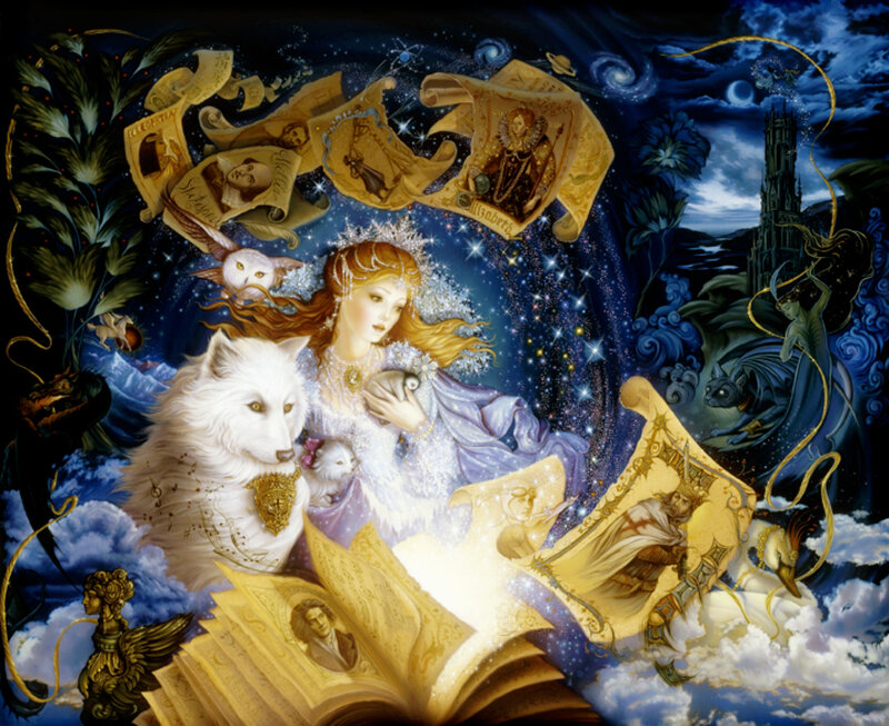 Woman with White Wolf — Blue, Fantastical