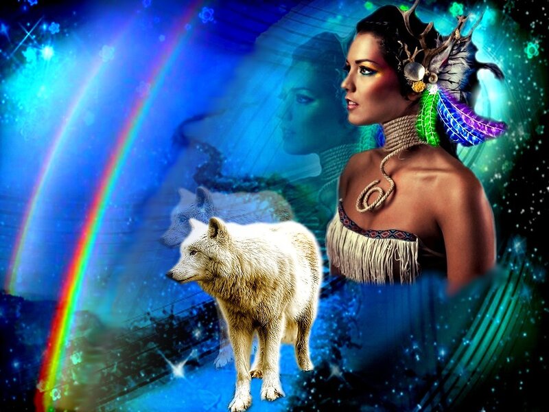 Woman with White Wolf — Blue, Fantasy