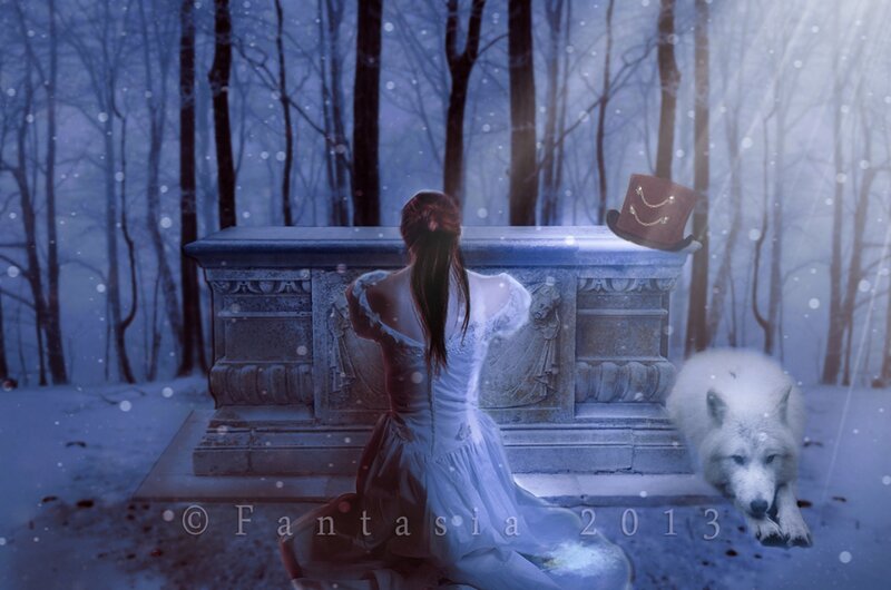 Woman with White Wolf — Blue, Melancholic